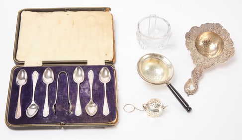 Three Silver Tea Strainers, and Fine Silverplated Tea Set