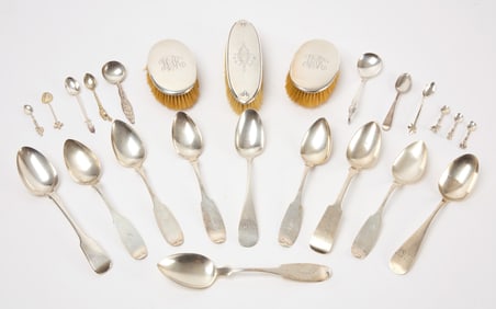 Group of Silver Spoons and Vanity Brushes