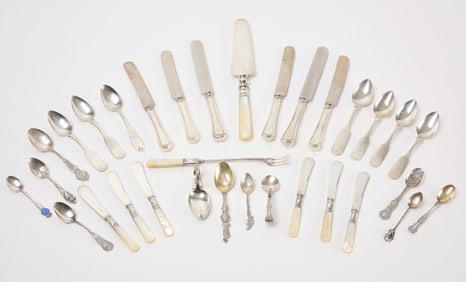 Mixed Group of Sterling Souvenir and Coin Spoons, and Sterling Handle Utensils