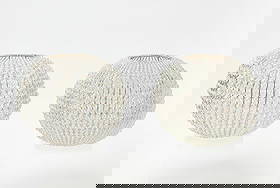 Pair of Hollywood Regency Hanging Fixtures: Pair of Hollywood Regency hanging fixtures, faceted glass strung bead shades. Constructed with heavy plated wire. Hand made. Each with hundreds of faceted, graduated cut glass beads. Finely craf