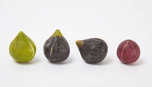 Musical Plate, Dog Sculpture, and Four Ceramic Figs