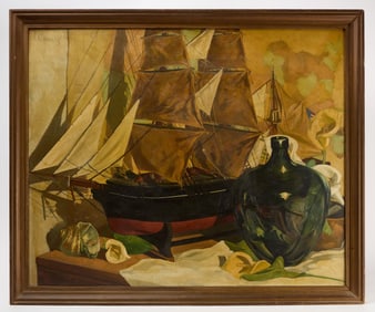 J. Casaly - Still Life Study of a Model Ship, and Shell