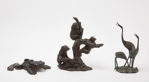Two Bronze Sculptures - Bears and Egrets, and Iron Frog