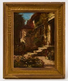 Exterior of a Home with Flowers, signed