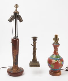 Two Asian Lamp Vases and Candle Stick