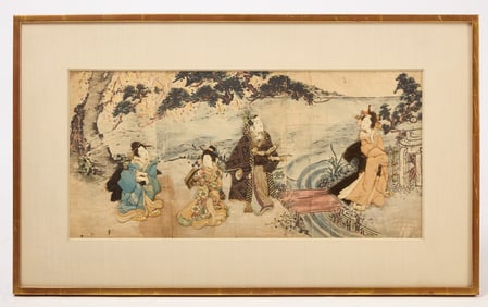 Japanese Framed Painting With Fabric Figures 'Dimyo and his Daughters'