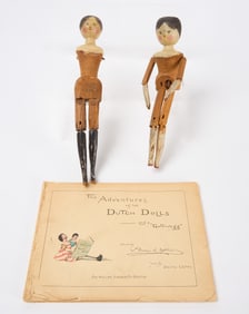 Two Penny Wood Dolls and Book 'The Adventures of Two Dutch Dolls'