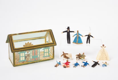 Group of Seed Dolls with Miniature Schoolhouse