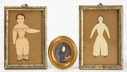 Two Framed Paper Dolls, and Miniature Portrait