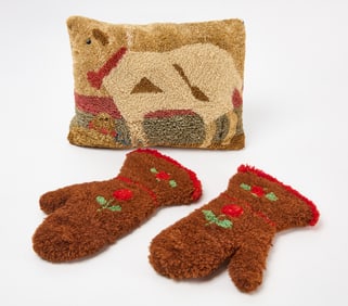 Pair of Wool Mittens and Hooked Wool Pillow