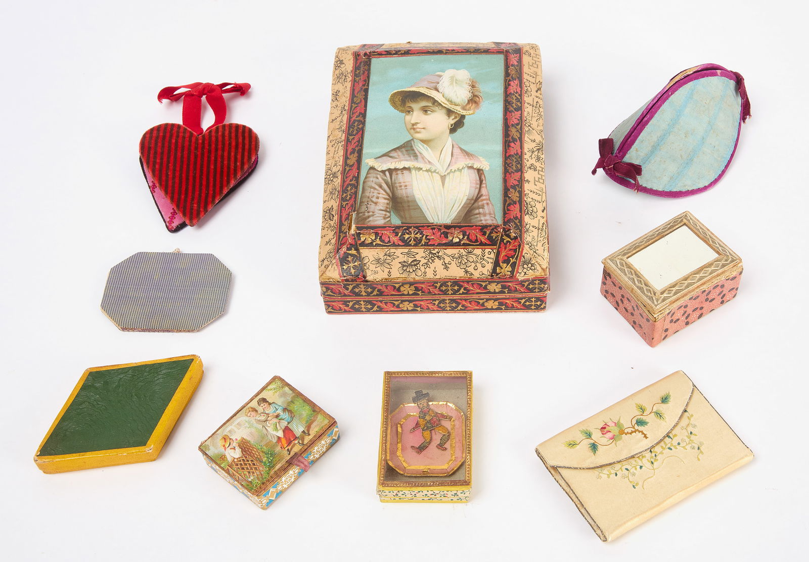 Group of Trinket Boxes, Sewing Kits and a Victorian Mourning Kit: Group of trinket boxes, sewing kits, and one Victorian mourning kit. Total of nine pieces. Includes one complete mourning kit with four handkerchiefs and black glass-bead jewelry, one trinket box with