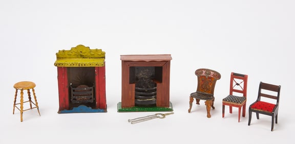 Dollhouse Tin Furniture Group with Two Fireplaces