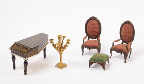 Group of Dollhouse Accessories with Harpsichord