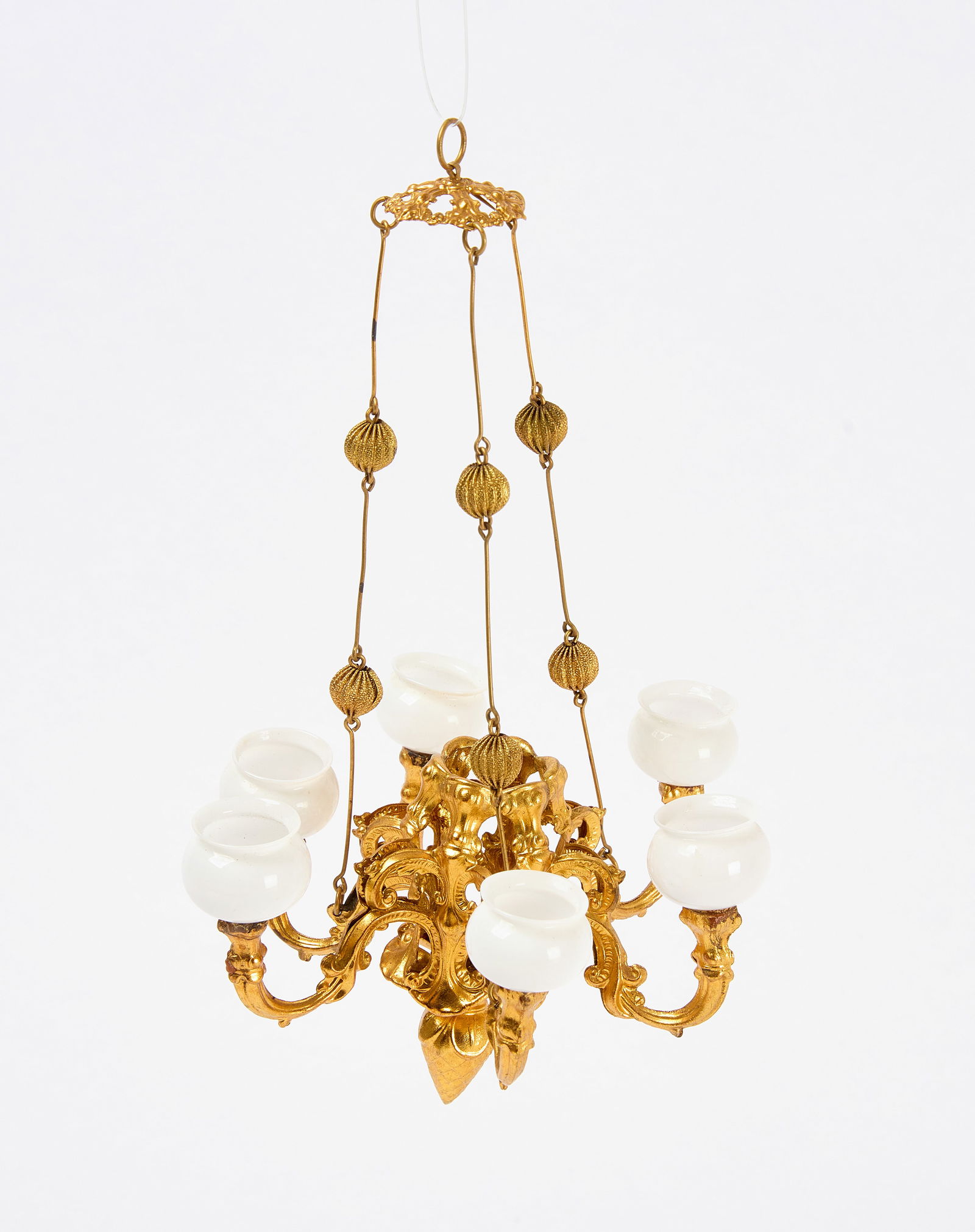 Dollhouse Marklin Chandelier: Dollhouse ormolu six-light chandelier with glass bulbs by Marklin. German, mid to late 19th century.H 6-1/8 W 4-1/4 in Provenance: Collection of Nancy Stass.
