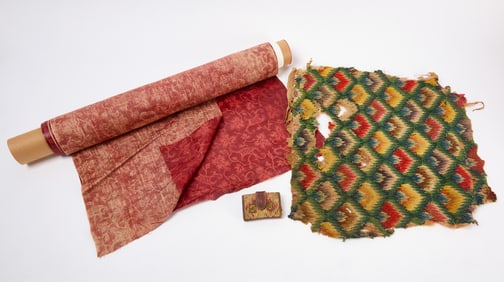 Flame Stitch Seat Cover, Sewing Wallet, and Bolt of Early Fabric