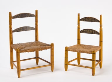 Two Painted Toile Doll Chairs