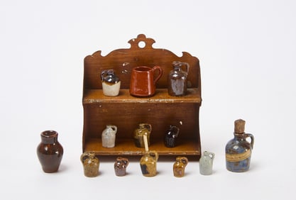 Group of Dollhouse Stoneware Jugs and Shelf