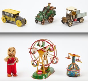 Three Tin Truck Toys and Three Wind-Up Toys