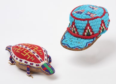 Native American Beadwork Hat, and Whirling Log Amulet