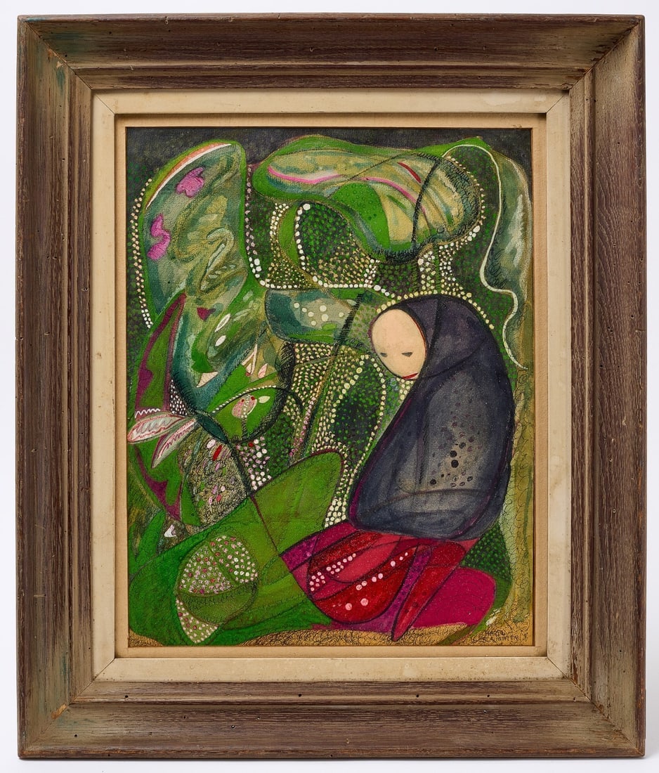 H. Slaughter - Abstract Figure on Green Terrain: Hazel Slaughter - an abstract figure on a green background. Pastel on paper. Frame L 26" W 21-7/8" Sight L 19-3/8" W 15-1/4". Condition: Minor imperfections, wear to frame.