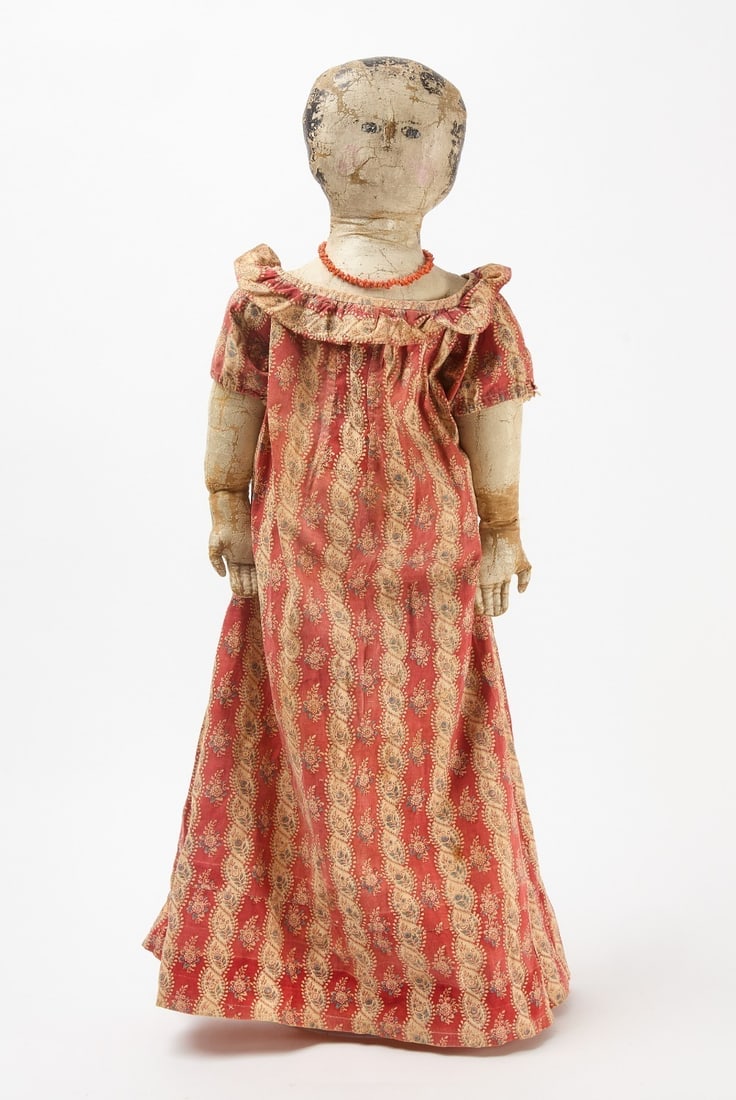 Fabric Doll with Hand-Painted White Face: Fabric doll with hand-painted white face. Early clothing and coral necklace. American, circa 1850. Provenance: Collection of Nancy and Gary Stass. H 25 in. 