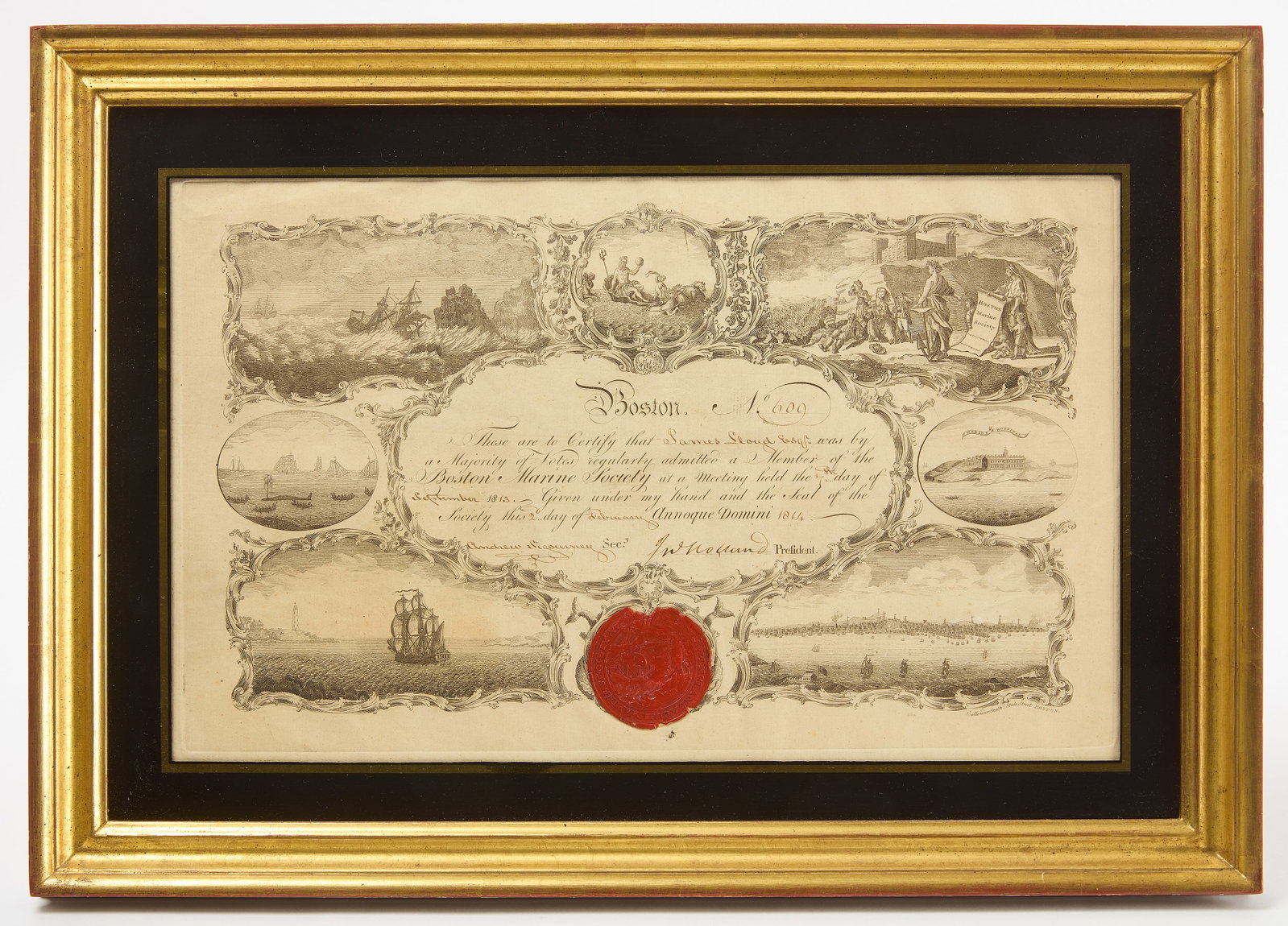 Boston Marine Society Certificate in the War of 1812: Boston Marine Society Membership certificate dating from the War of 1812, for James Lloyd's, (Esq.) induction to the Boston Marine Society. It is signed by Andrew Sigourney, Secretary, and Jno. Hollan