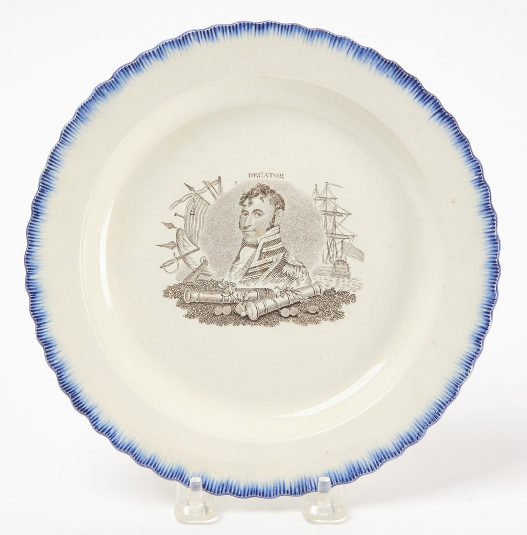 Captain Decator War of 1812 Staffordshire Pearlware Plate: Rare Staffordshire blue feather-edged pearlware plate. Captain Stephen Decator in black transfer. Impressed with maker's mark on bottom. English, circa 1820. Provenance: Collection of Sally and Willia