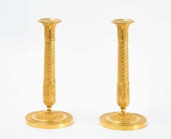 Pair of Gilt Brass Empire Candlesticks - Bellflower