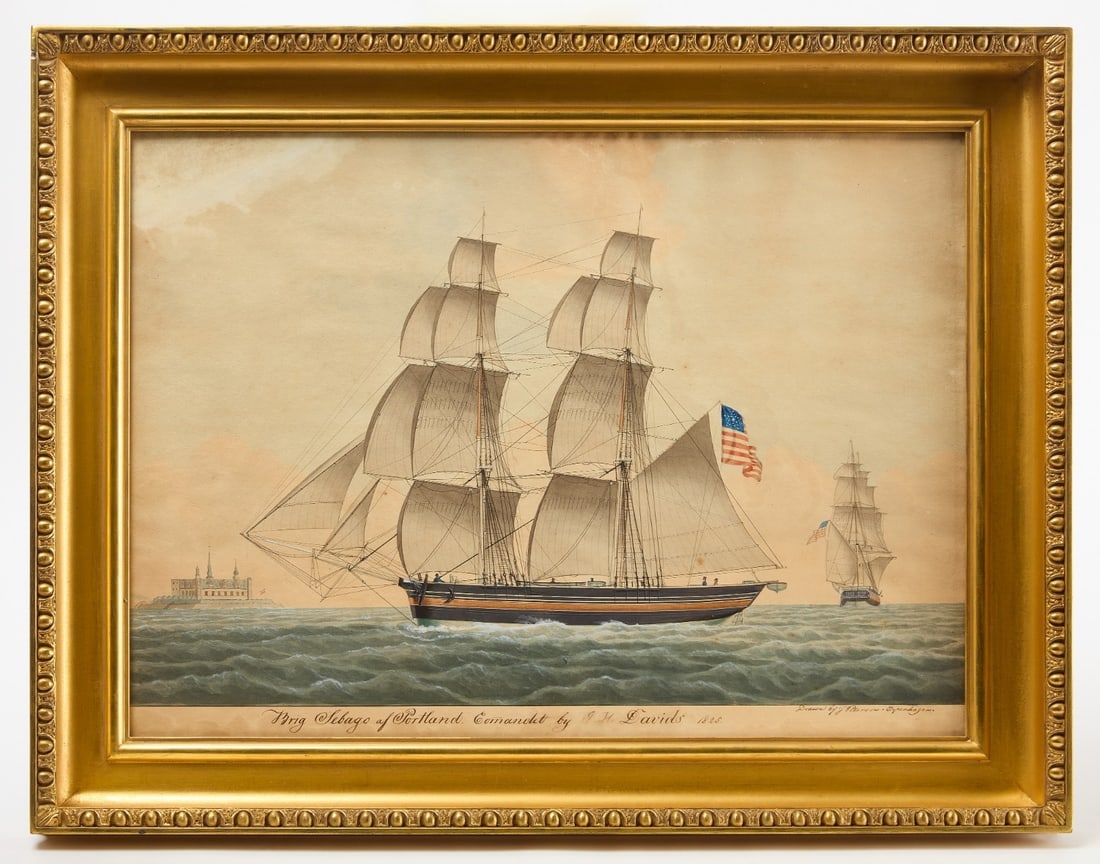Jacob Peterson - Portrait of the Brig 'Sebago': Jacob Peterson (1774-1855), 'The Brig Sebago of Portland Commanded by J. H. Davids 1825'. Inscribed bottom banner and signed LR: 'Drawn by J Peterson, Copenhagen'. Watercolor on paper. Denmark, early 