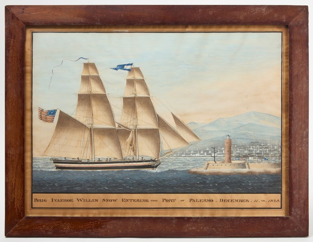 Peter Mazzinghi - Portrait of the Brig 'Ivanhoe Willim Snow': Peter Mazzinghi (1831–1836), portrait of the American 'Brig Ivanhoe Willim Snow Entering the Port of Palermo. December 11th. 1828'. Watercolor and pencil on paper. Inscribed on bottom border. Italy,