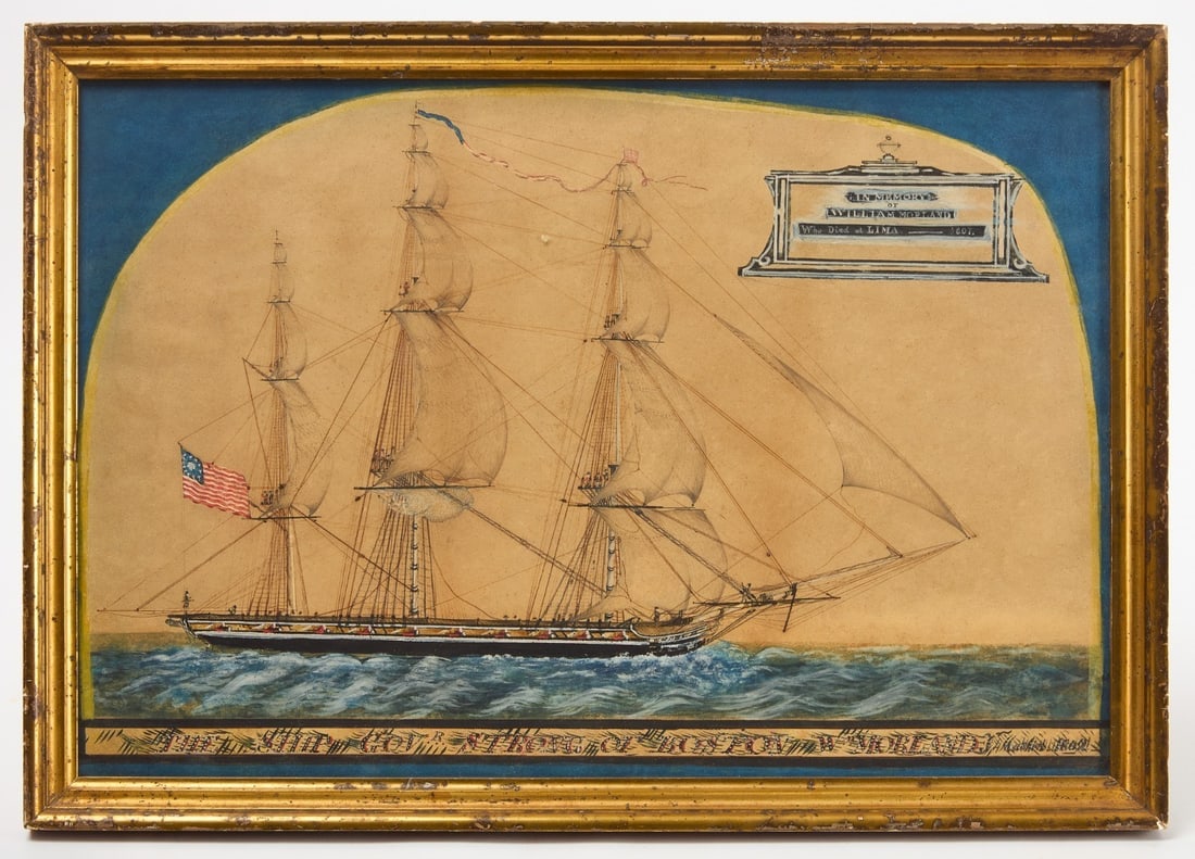 Memorial Watercolor for Captain William Morland: Memorial watercolor for William Morland featuring the ship 'Gov. Strong of Boston'. Inscribed bottom banner and signed/dated indistinctly LR. Watercolor on paper. Continental school, circa 1810. Prove