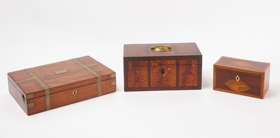 Two Wood Lockboxes and Tea Caddy with Naval Cannon Motif