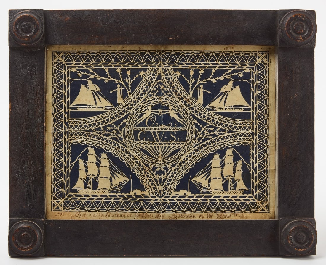 Nautical Cut Work Love Token: Nautical cut work love token. White cut paper mounted on inked paper. Depicts four sailing vessels, two maidens with anchors and angels. 'God bles the Saemen on the Sae; the Landsman on the Land', wri