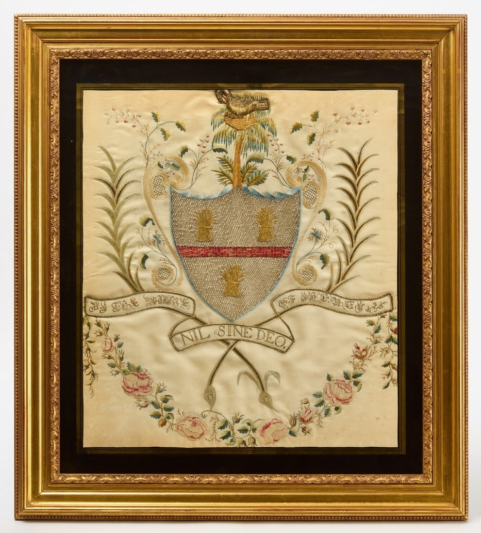 Silk Embroidery - 'Nil Sine Deo' with Crest: Embroidered crest bearing the phrase 'Nil Sine Deo' ('Nothing without God'), with floral swags. Silk and metallic thread on silk. Mary Cheney, Misses Pattens' School, Hartford, Connecticut. This is th
