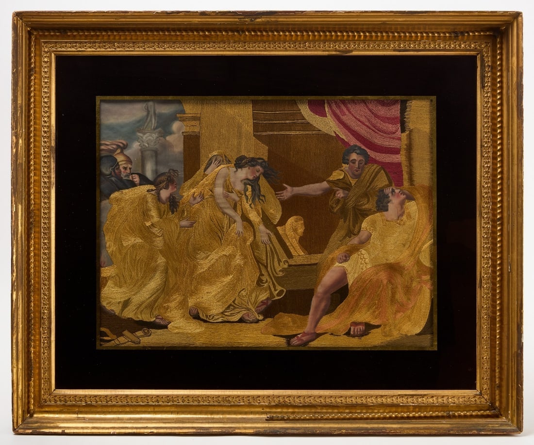 Silk Embroidery - 'Antony and Cleopatra, The Royal Palace in Alexandria': Attributed to John Johnstone (1753-1818), 'Antony and Cleopatra, The Royal Palace in Alexandria', with Pompeii's Pillar in the distance. Silk embroidery and paint on silk. Period frame with églomisé