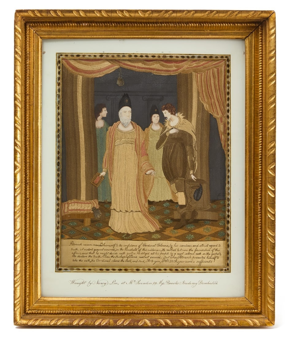 Embroidery on Silk of Cardinal Giovanni Colonna: Embroidery on silk depicting an interaction between Giovanni Colonna (c. 1295–1348) and Italian poet and scholar Francis Petrarch (1304-1374). Scene description inscribed in bottom banne