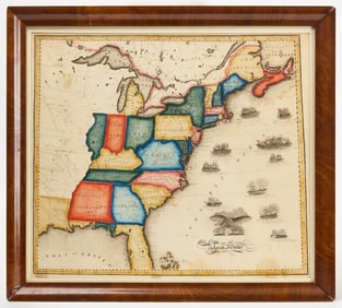 Watercolor Map of Eastern United States and War of 1812 Maritime Battles