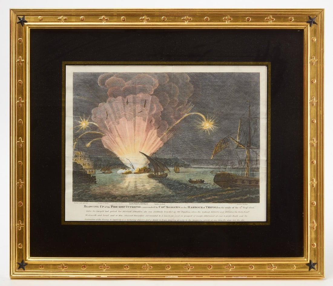 Engraving of the 'Blowing Up of the Fire Ship Intrepid', 1804: 'Blowing Up of the Fire Ship Intrepid, commanded by captain Somers in the Harbour of Tripoli, on the night of the 4th Sept.1804'. Hand colored line engraving. From the Port Folio, December 1810. Prove