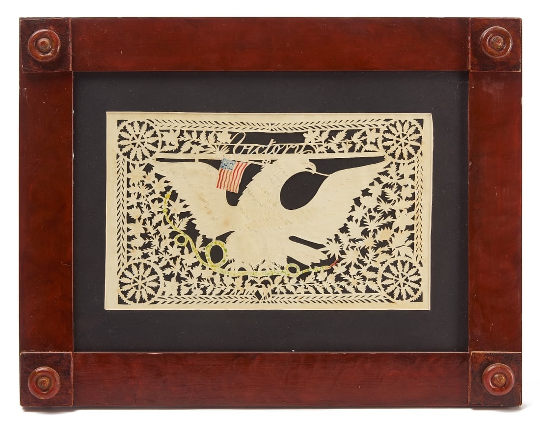 Cutwork Eagle 'Victory': Cutwork with the word 'Victory' above eagle, American flag and snake. Paper with watercolor. Modern frame and mat. American, circa 1840. Provenance: Collection of Sally and William Gemmill. Diana Bitt