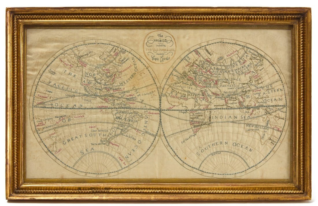 Embroidered Map of The World including Discoveries made by Captain Cook (1 of 3)