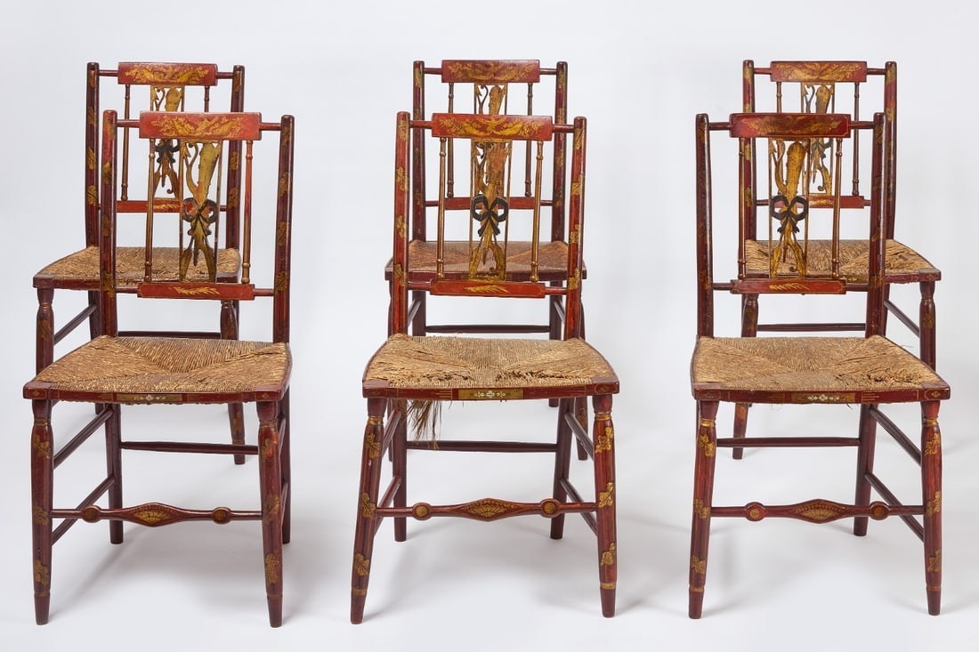 Set of Six Paint-Decorated Fancy Chairs: Important set of six paint-decorated fancy side chairs. Gilt decoration over red paint with natural rush seats. A three back settee with identical splat design and diamond shaped central element of th