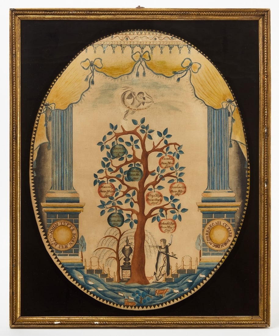 Watercolor of the Tufts Family Tree: Genealogical family tree for the Tufts family. Painted by Rebecah Tufts Fessenden of Mrs. Gill's Academy, West Cambridge, Massachusetts. Watercolor on woven paper. Original frame with restored églomi