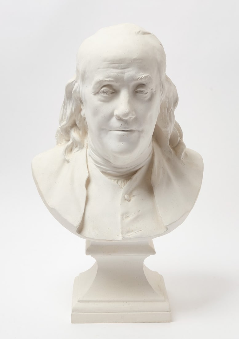 Bust of Benjamin Franklin: Bust of Benjamin Franklin. Later plaster cast after the original 1778 version by (after) Jean-Antoine Houdon. Paris, 19th century. Provenance: Collection of Sally and William Gemmill. H 22 in. W