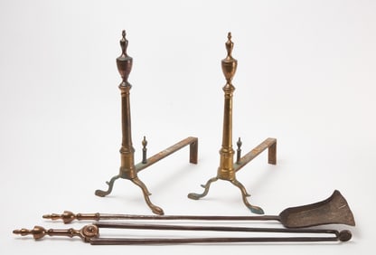 Pair of Federal Andirons with Two Tools