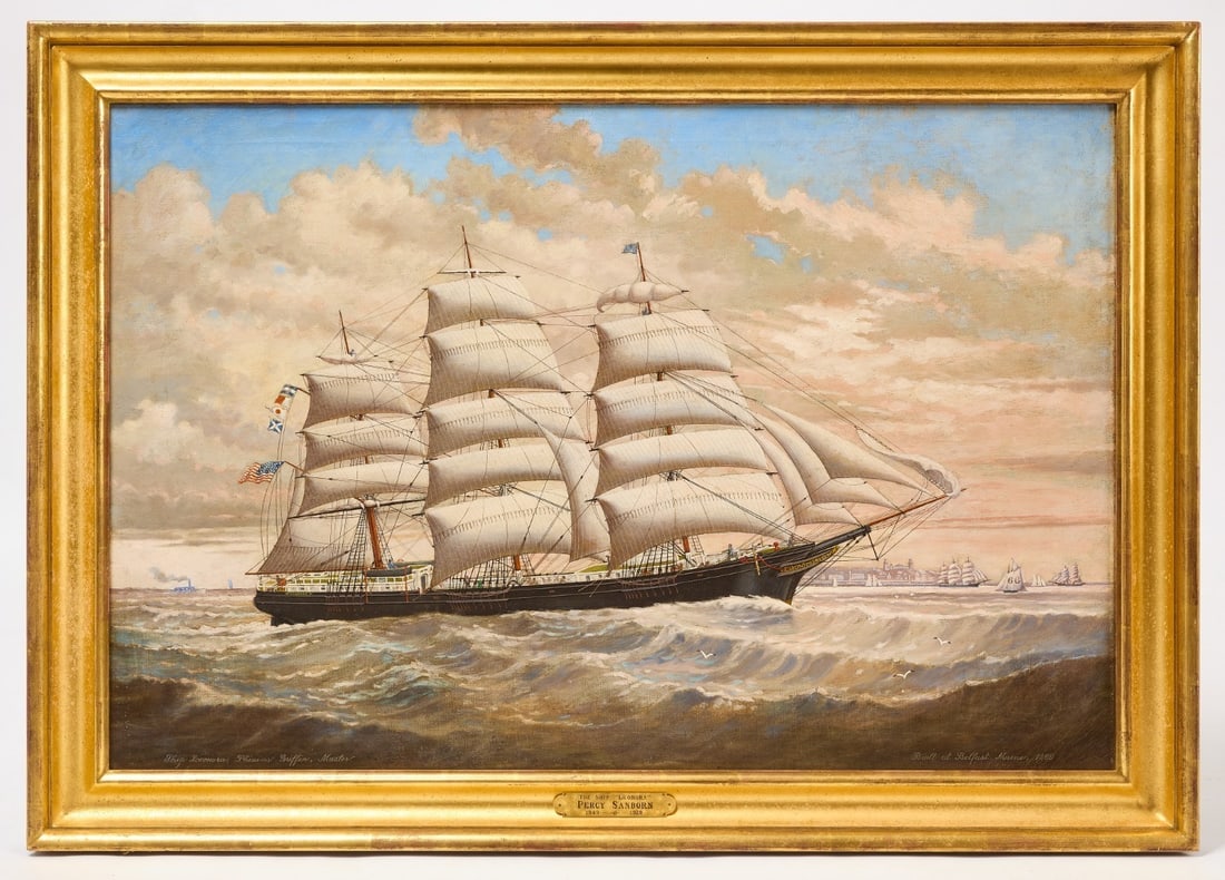 Percy Sanborn - Portrait of the Ship 'Leonora': Percy Sanborn (1849–1929) Portrait of the Ship 'Leonora'. Oil on canvas. 'Built at Belfast, Maine, 1869'. Provenance: Collection of Joel Einhorn. Frame: H 33-7/8 in. W 48-1/4 in. Canvas: H 27-1/2 i