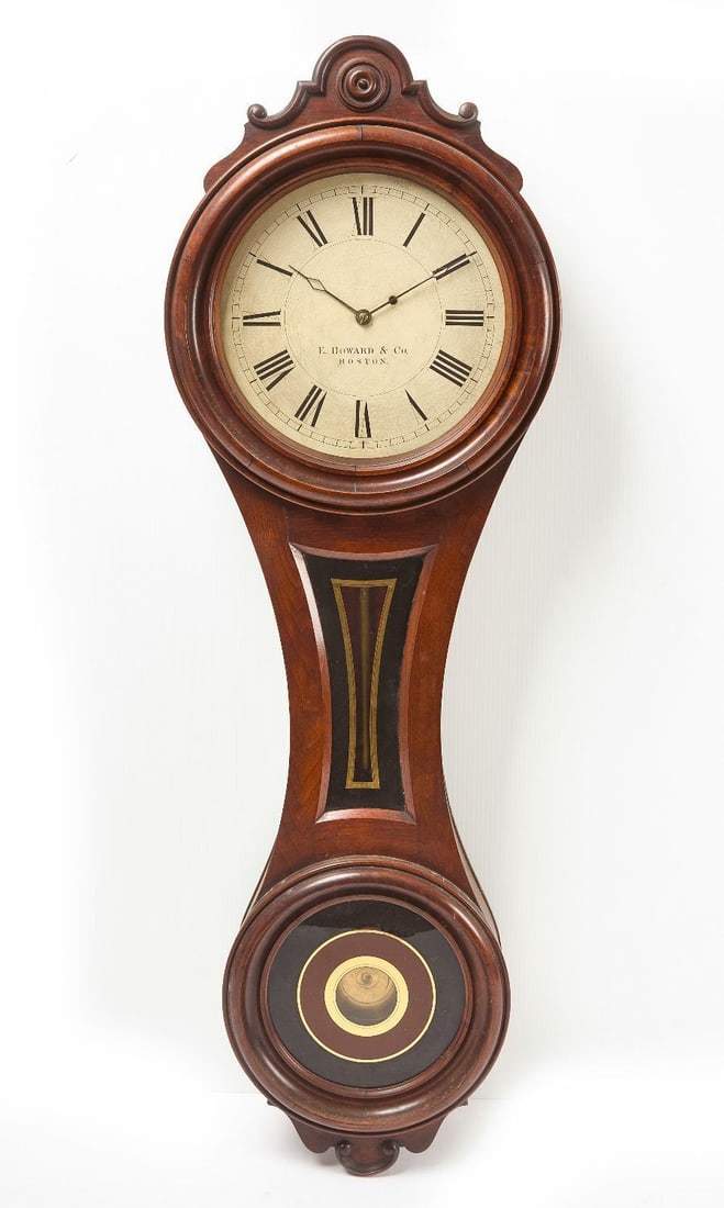 E. Howard & Co. 'Figure-8' Wall Clock: E. Howard & Co. (Boston) 'Figure 8' wall clock. Retains business card for Boston watch and clock maker John Howland on inside of the case door. Last quarter 19th century. Collection of Joel Einhorn H