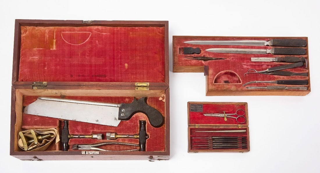Kern Capital Set and W. Antenrieth Surgical Set: Two cased surgical sets. Kern Capital/Surgical set, upper tray consisting of all appropriate tools (knives, picks, &c.); bottom case with saw, two trephines, extraction pliers, and screw clamp. To
