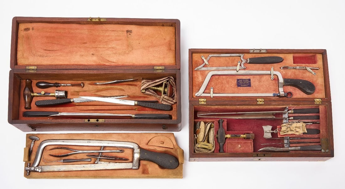 Two Civil War Era Surgical Sets: Two cased CW era surgical sets. One with label inside from Max Wocher (Cincinnati). 19th century. Cases: H 3 in. W 16 in. D 6-1/2 in. and H 3-1/2 in. W 18-3/4 in. D 6 in. 