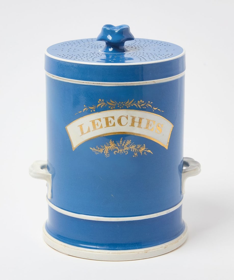Apothecary Leeches Jar: Apothecary leeches jar. Earthenware in a blue glaze with gilt lettering and decoration. English or American, 19th century.H 11 in. D 7 in.Provenance: Estate of Jerry Phelps (Kentucky, USA).
