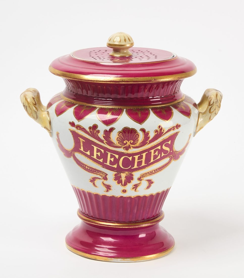 Fine Apothecary Leeches Jar: Fine apothecary leeches jar. Ceramic with original gilt decoration. English, 19th century. H 12-1/2 in. W 11-1/2 in. Provenance: Estate of Jerry Phelps (Kentucky, USA). Visit NewEnglandAuctions.com fo